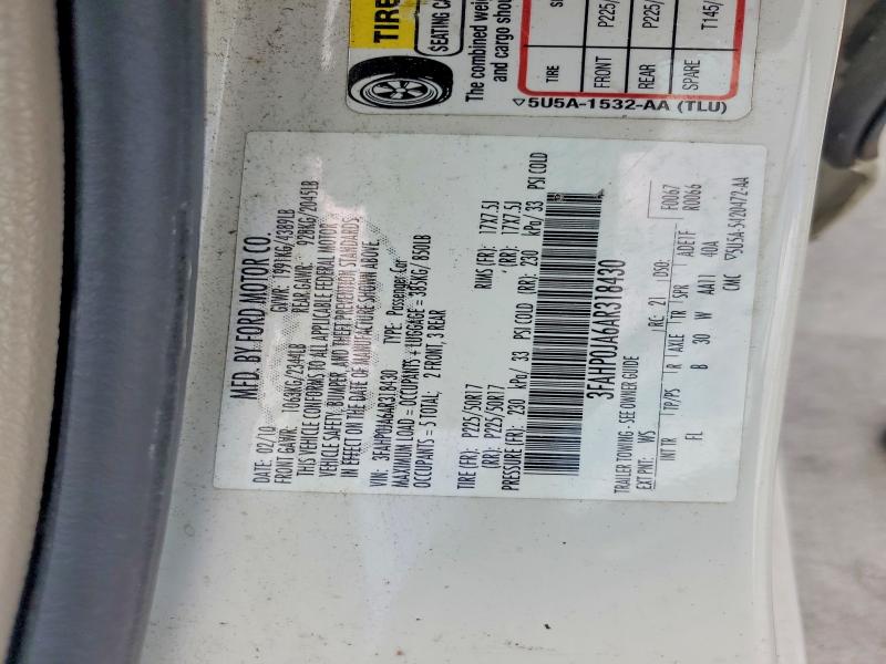 2010 Ford Fusion მანქანა იყიდება აუქციონზე, vin: 3FAHP0JA6AR318430, აუქციონის ნომერი: 61124286