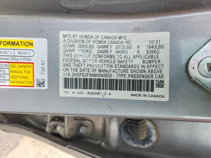 62053966 :رقم المزاد ، 2HGFE2F54NH540630 vin ، 2022 Honda Civic مزاد بيع