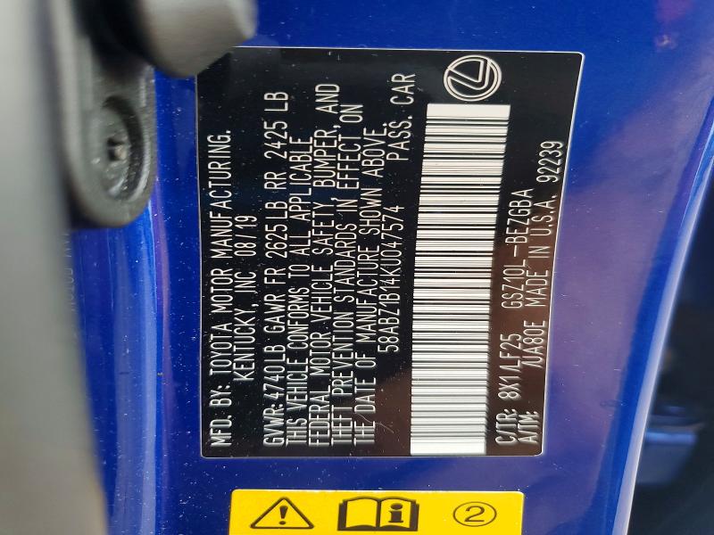 60580216 :رقم المزاد ، 58ABZ1B14KU047574 vin ، 2019 Lexus Es مزاد بيع