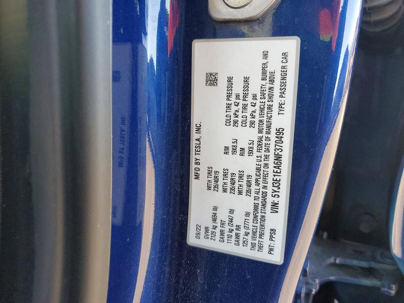 2022 Tesla Model 3 მანქანა იყიდება აუქციონზე, vin: 5YJ3E1EA6NF370495, აუქციონის ნომერი: 61239826