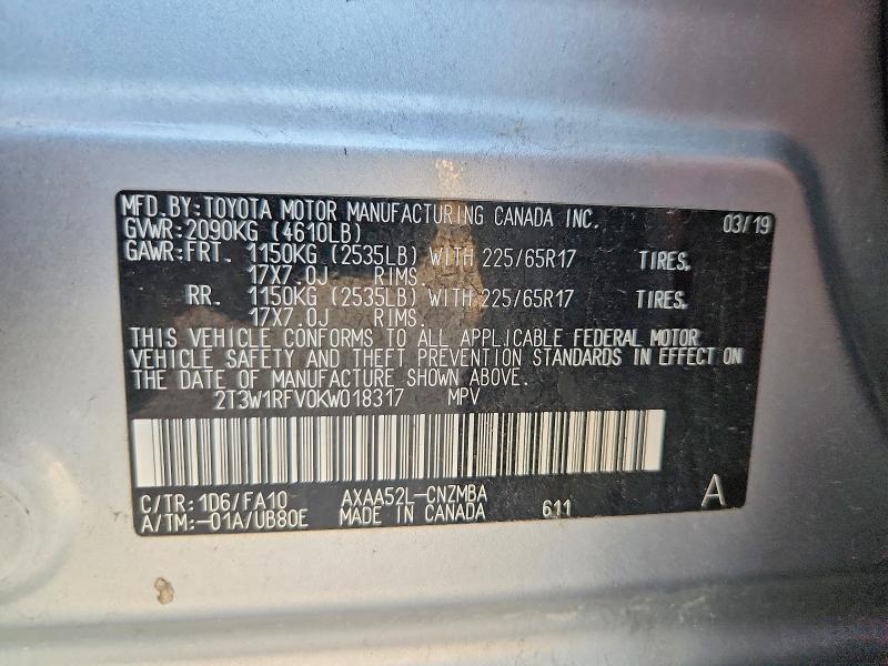 61696466 :رقم المزاد ، 2T3W1RFV0KW018317 vin ، 2019 Toyota Rav4 مزاد بيع