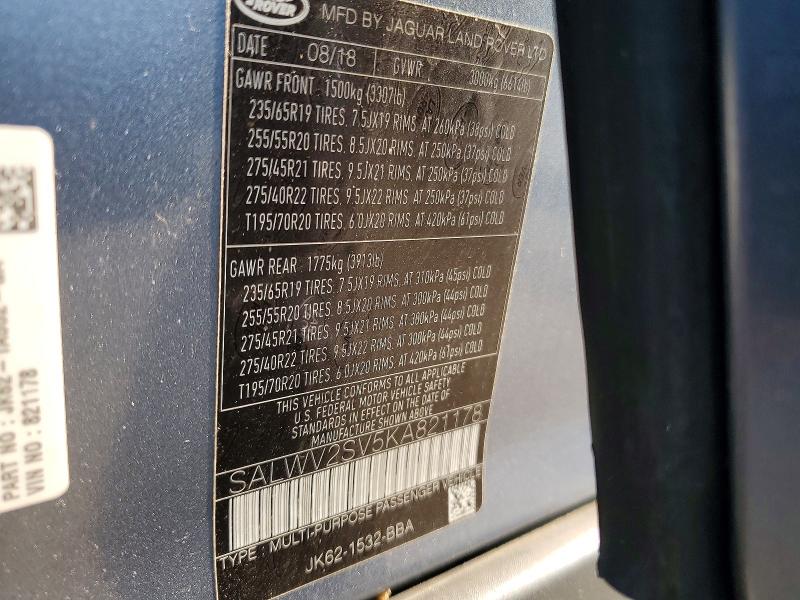 Aukcja sprzedaży 2019 Land Rover Range Rover Sport, vin: SALWV2SV5KA821178, numer aukcji: 62510466