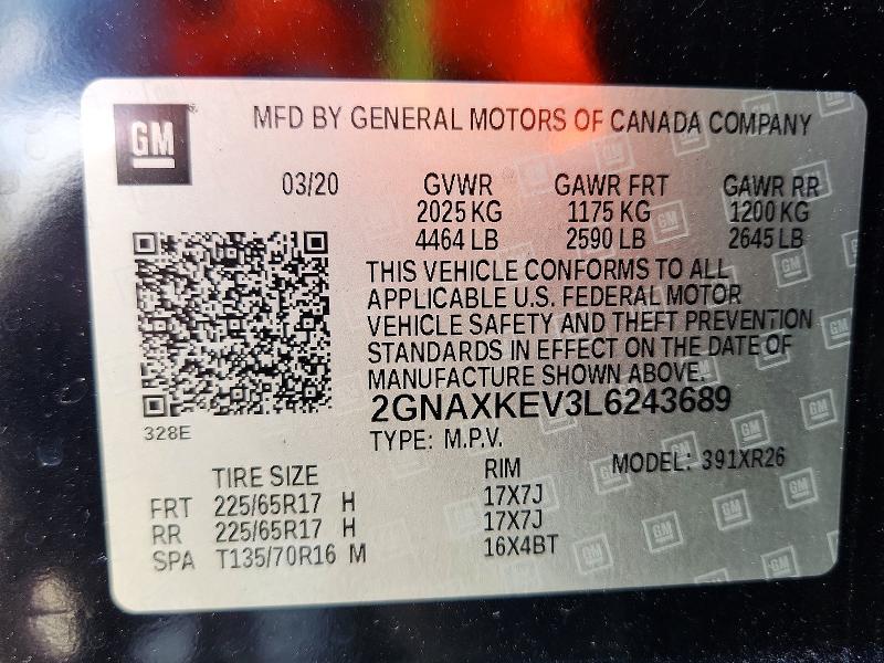 2020 Chevrolet Equinox მანქანა იყიდება აუქციონზე, vin: 2GNAXKEV3L6243689, აუქციონის ნომერი: 59377736