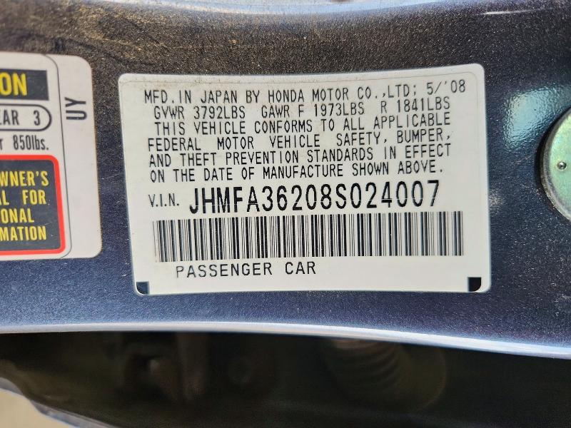 Aukcja sprzedaży 2008 Honda Civic, vin: JHMFA36208S024007, numer aukcji: 61311786