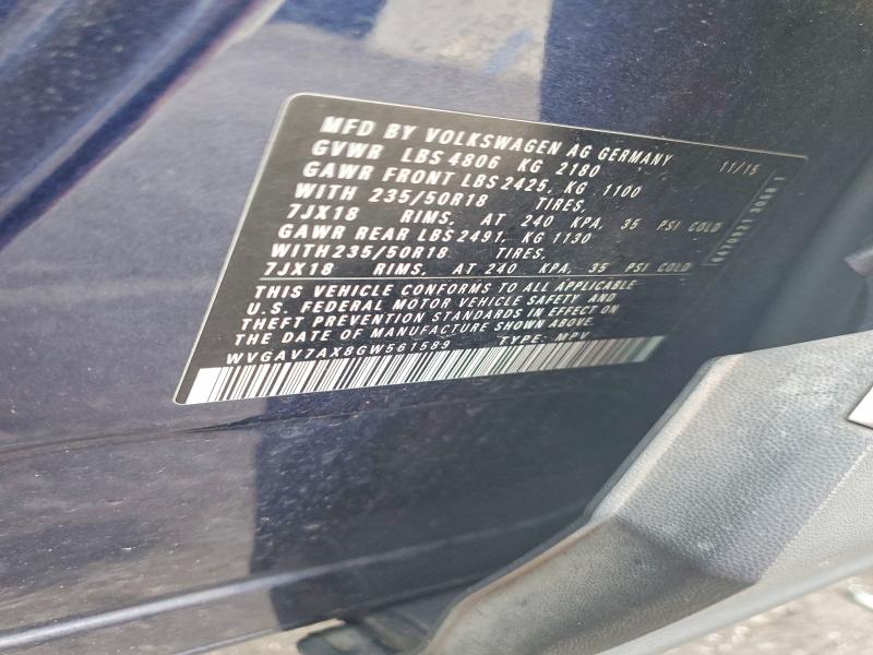 Продажа на аукционе авто 2016 Volkswagen Tiguan, vin: WVGAV7AX8GW561589, номер лота: 62506786