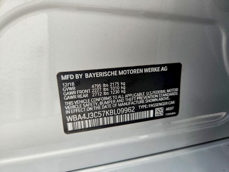 62762536 :رقم المزاد ، WBA4J3C57KBL09962 vin ، 2019 Bmw 430xi مزاد بيع