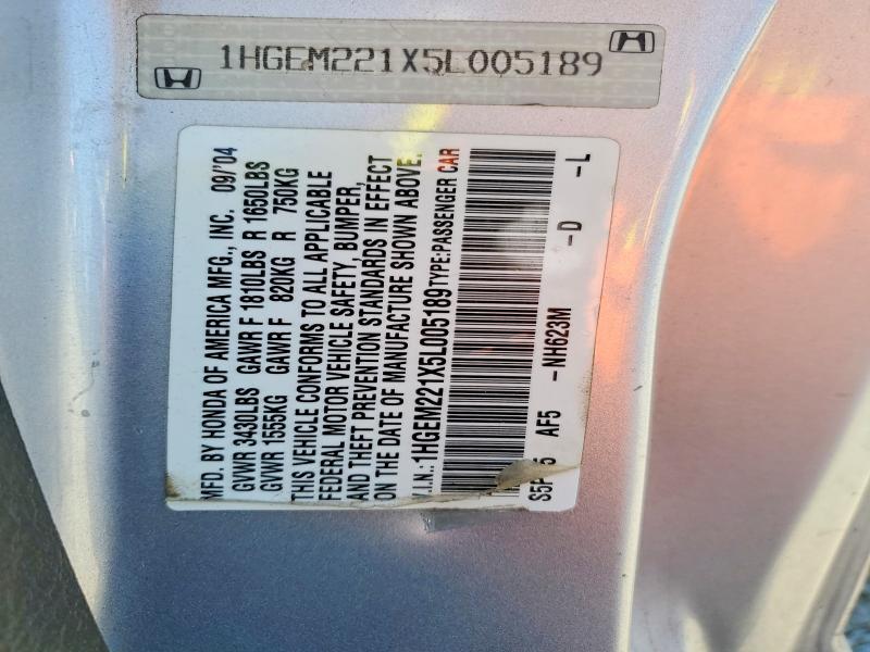 Aukcja sprzedaży 2005 Honda Civic, vin: 1HGEM221X5L005189, numer aukcji: 62702116