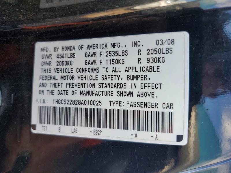 62880946 :رقم المزاد ، 1HGCS22828A010025 vin ، 2008 Honda Accord مزاد بيع