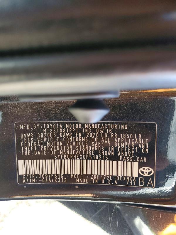 2016 Toyota Corolla მანქანა იყიდება აუქციონზე, vin: 5YFBURHEXGP518215, აუქციონის ნომერი: 61218926