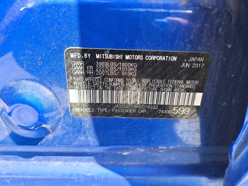 2017 Mitsubishi Lancer მანქანა იყიდება აუქციონზე, vin: JA32U2FU8HU014332, აუქციონის ნომერი: 63119986