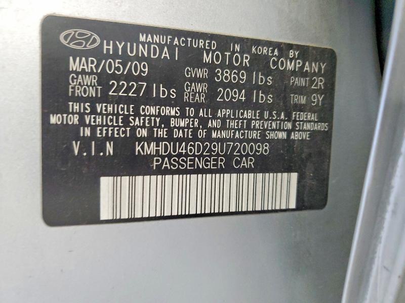 2009 Hyundai Elantra მანქანა იყიდება აუქციონზე, vin: KMHDU46D29U720098, აუქციონის ნომერი: 59530236