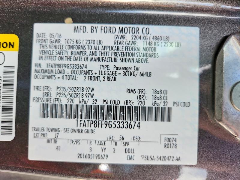 Aukcja sprzedaży 2016 Ford Mustang, vin: 1FATP8FF9G5333674, numer aukcji: 61609156