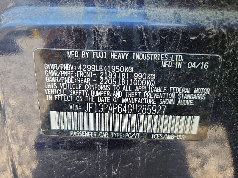 60784016 :رقم المزاد ، JF1GPAP64GH285927 vin ، 2016 Subaru Impreza مزاد بيع