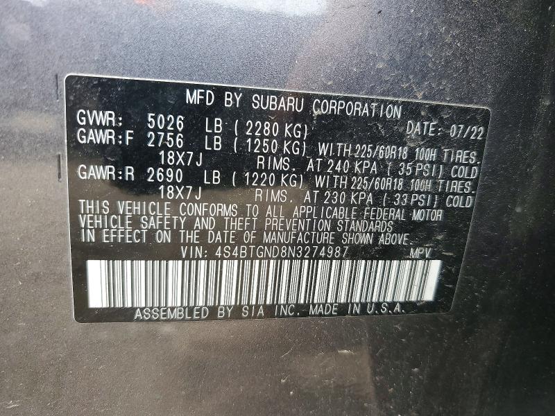 61900366 :رقم المزاد ، 4S4BTGND8N3274987 vin ، 2022 Subaru Outback مزاد بيع