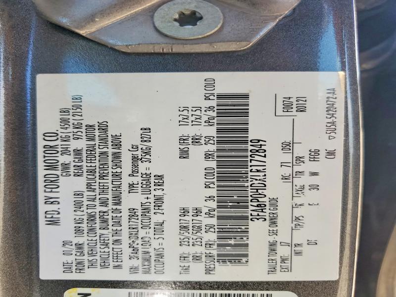 Aukcja sprzedaży 2020 Ford Fusion, vin: 3FA6P0HDXLR172849, numer aukcji: 59983306