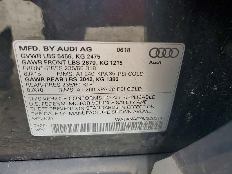 2018 Audi Q5 მანქანა იყიდება აუქციონზე, vin: WA1ANAFY6J2202141, აუქციონის ნომერი: 61905886