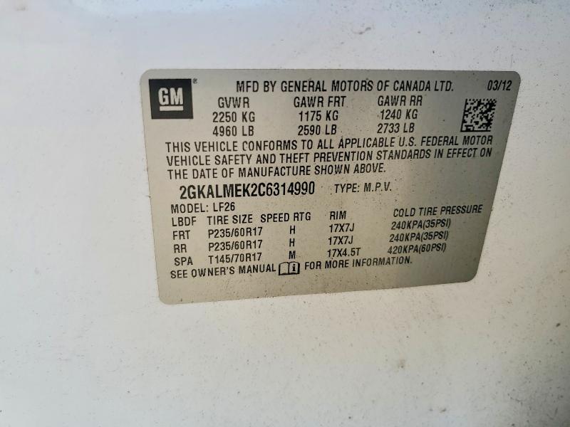 61181716 :رقم المزاد ، 2GKALMEK2C6314990 vin ، 2012 Gmc Terrain مزاد بيع