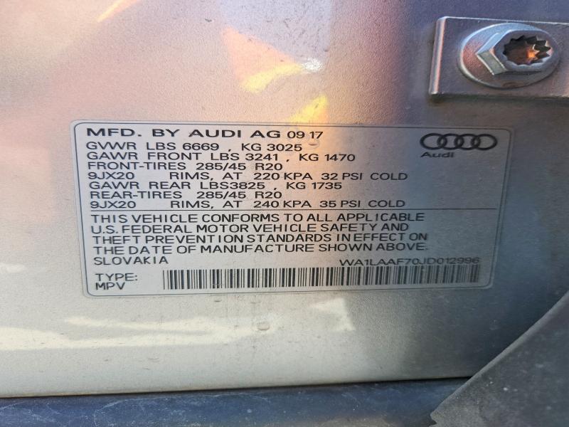 Aukcja sprzedaży 2018 Audi Q7, vin: WA1LAAF70JD012996, numer aukcji: 59615856