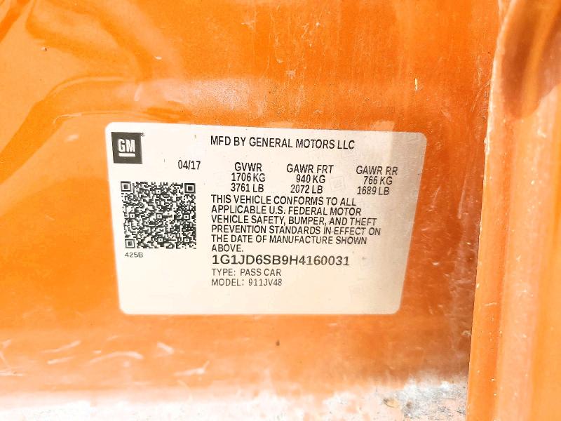 2017 Chevrolet Sonic მანქანა იყიდება აუქციონზე, vin: 1G1JD6SB9H4160031, აუქციონის ნომერი: 62511076