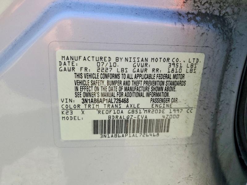 60512486 :رقم المزاد ، 3N1AB6AP1AL726468 vin ، 2010 Nissan Sentra مزاد بيع