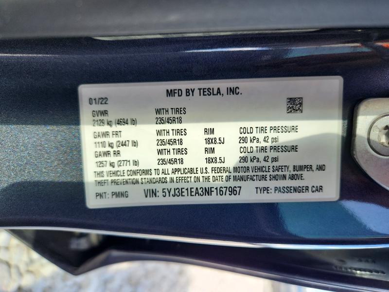 Продажа на аукционе авто 2022 Tesla Model 3, vin: 5YJ3E1EA3NF167967, номер лота: 60518546