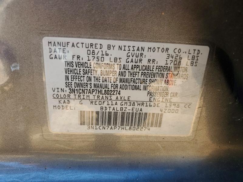 63430806 :رقم المزاد ، 3N1CN7AP7HL802274 vin ، 2017 Nissan Versa مزاد بيع