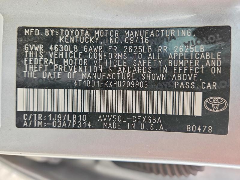 Продаж на аукціоні авто 2017 Toyota Camry Hybrid, vin: 4T1BD1FKXHU209905, номер лоту: 62255496