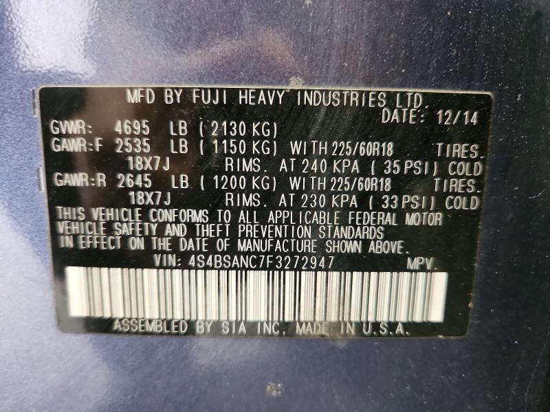 Продажа на аукционе авто 2015 Subaru Outback, vin: 4S4BSANC7F3272947, номер лота: 58957506