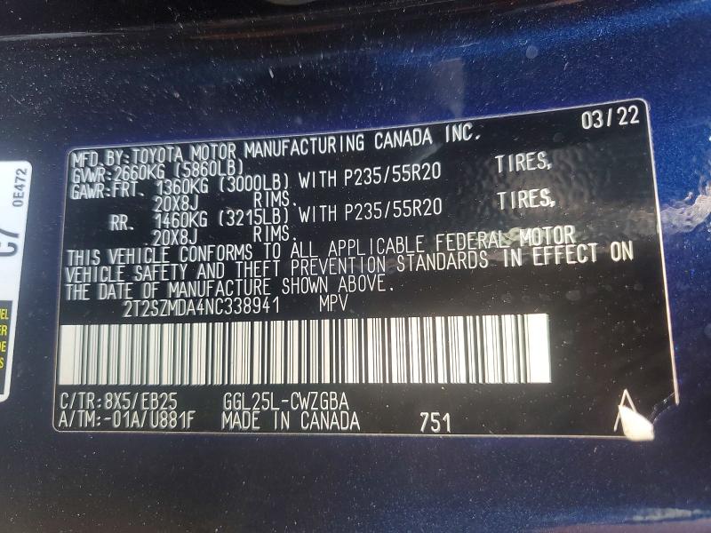 2022 Lexus Rx მანქანა იყიდება აუქციონზე, vin: 2T2SZMDA4NC338941, აუქციონის ნომერი: 61742536