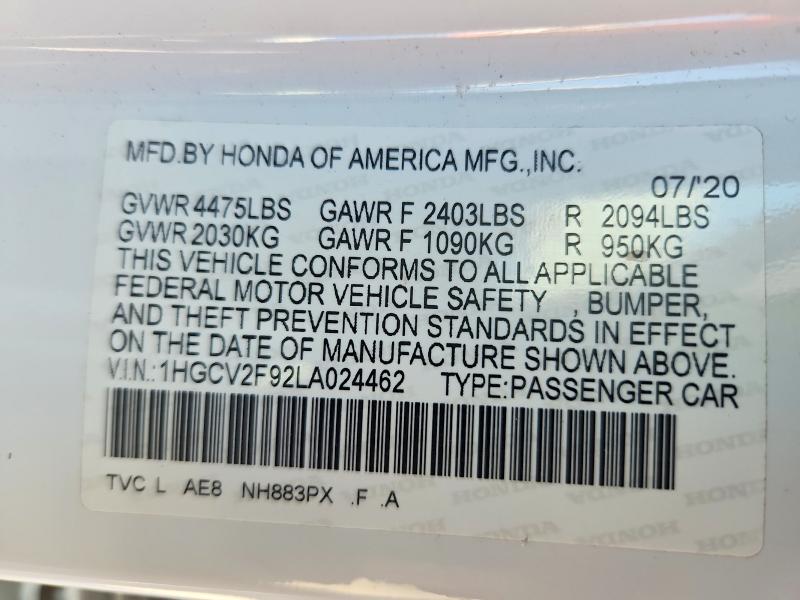 2020 Honda Accord მანქანა იყიდება აუქციონზე, vin: 1HGCV2F92LA024462, აუქციონის ნომერი: 60276866