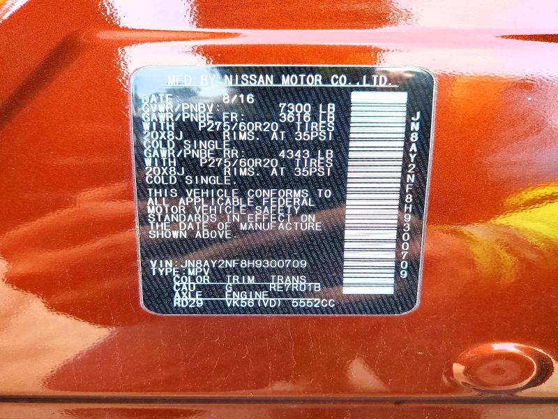 Продажа на аукционе авто 2017 Nissan Armada, vin: JN8AY2NF8H9300709, номер лота: 62140796