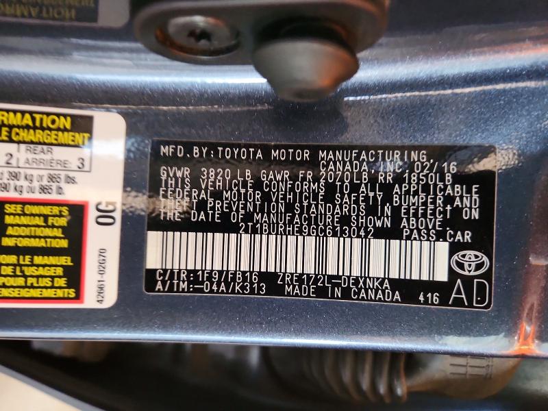 Aukcja sprzedaży 2016 Toyota Corolla, vin: 2T1BURHE9GC613042, numer aukcji: 59391486