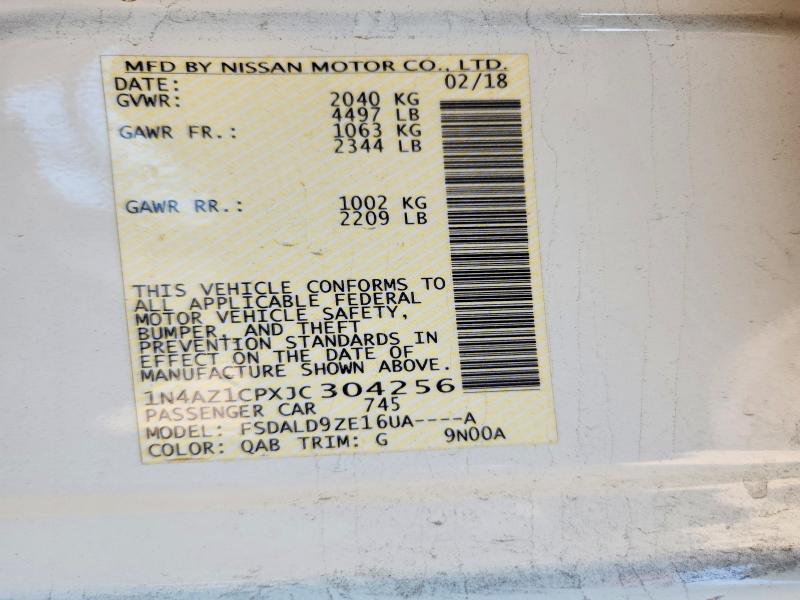 2018 Nissan Leaf მანქანა იყიდება აუქციონზე, vin: 1N4AZ1CPXJC304256, აუქციონის ნომერი: 61190986