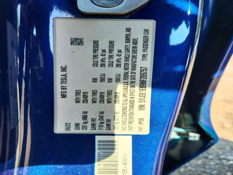 Продажа на аукционе авто 2022 Tesla Model 3, vin: 5YJ3E1EB9NF289757, номер лота: 62253546