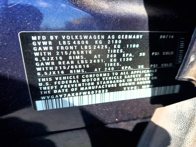 Продаж на аукціоні авто 2015 Volkswagen Tiguan, vin: WVGAV7AX6FW507822, номер лоту: 62257556