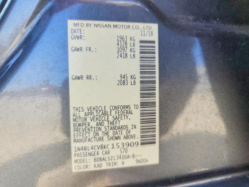 2019 Nissan Altima მანქანა იყიდება აუქციონზე, vin: 1N4BL4CV8KC153909, აუქციონის ნომერი: 59861736