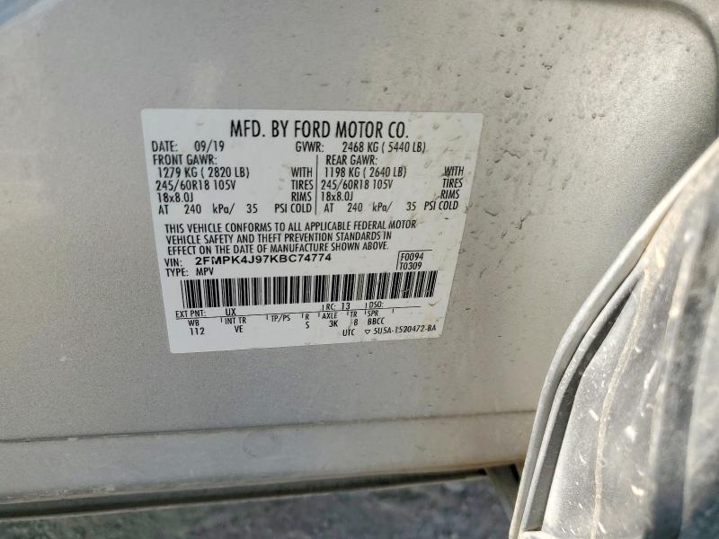 2019 Ford Edge მანქანა იყიდება აუქციონზე, vin: 2FMPK4J97KBC74774, აუქციონის ნომერი: 59962886