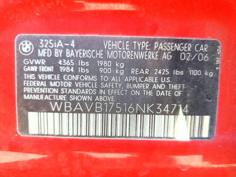 2006 Bmw 325 მანქანა იყიდება აუქციონზე, vin: WBAVB17516NK34714, აუქციონის ნომერი: 63723716