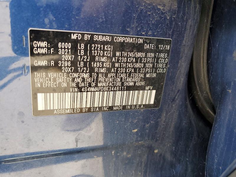 61121636 :رقم المزاد ، 4S4WMAPD8K3448111 vin ، 2019 Subaru Ascent مزاد بيع