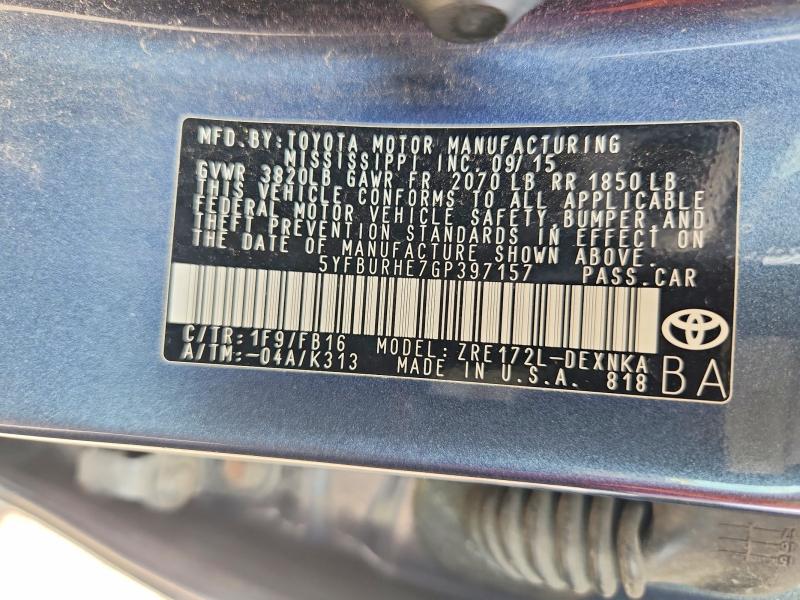 2016 Toyota Corolla მანქანა იყიდება აუქციონზე, vin: 5YFBURHE7GP397157, აუქციონის ნომერი: 62385516