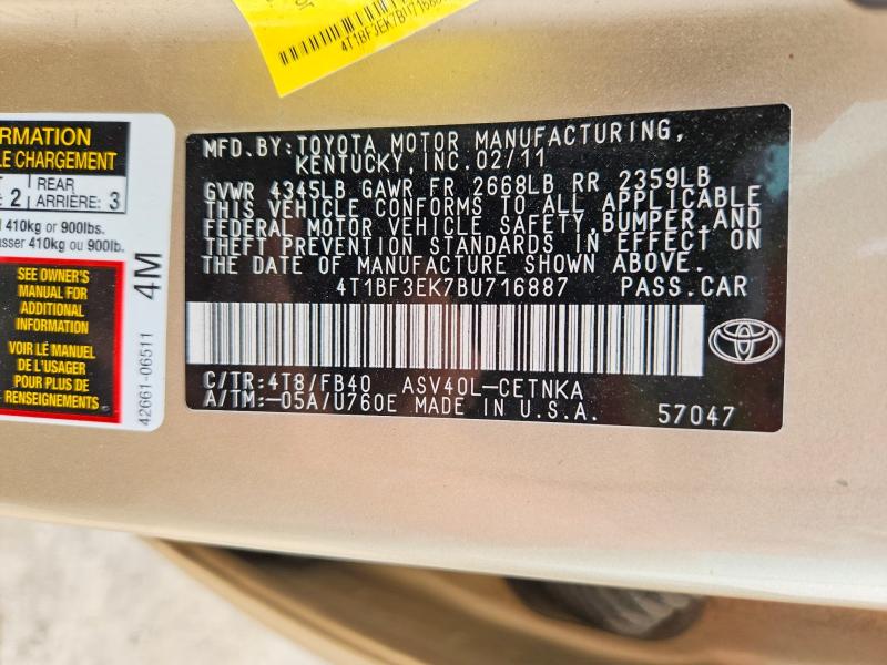 2011 Toyota Camry მანქანა იყიდება აუქციონზე, vin: 4T1BF3EK7BU716887, აუქციონის ნომერი: 63416956
