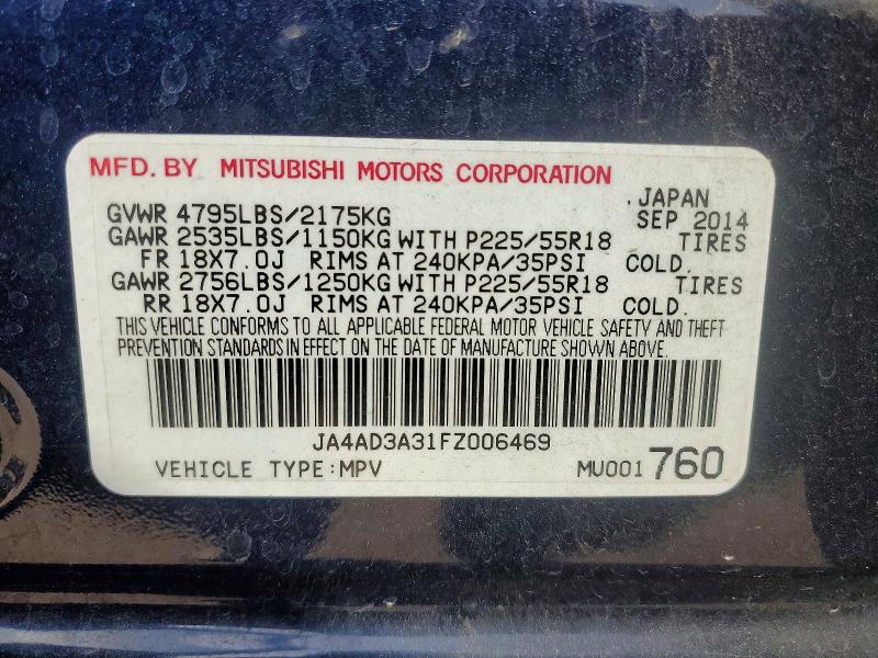 59720926 :رقم المزاد ، JA4AD3A31FZ006469 vin ، 2015 Mitsubishi Outlander مزاد بيع