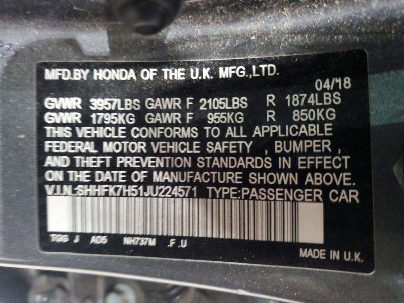 2018 Honda Civic მანქანა იყიდება აუქციონზე, vin: SHHFK7H51JU224571, აუქციონის ნომერი: 60665046