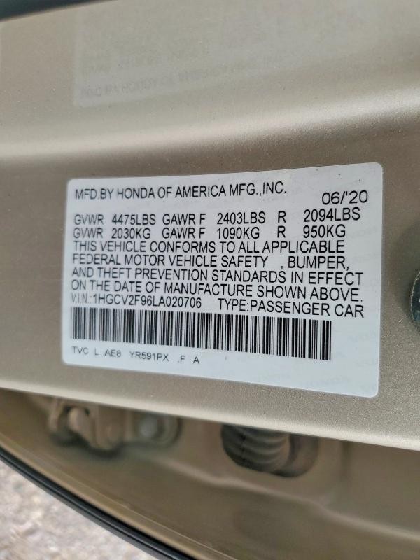 Auction sale of the 2020 Honda Accord, vin: 1HGCV2F96LA020706, lot number: 61939706