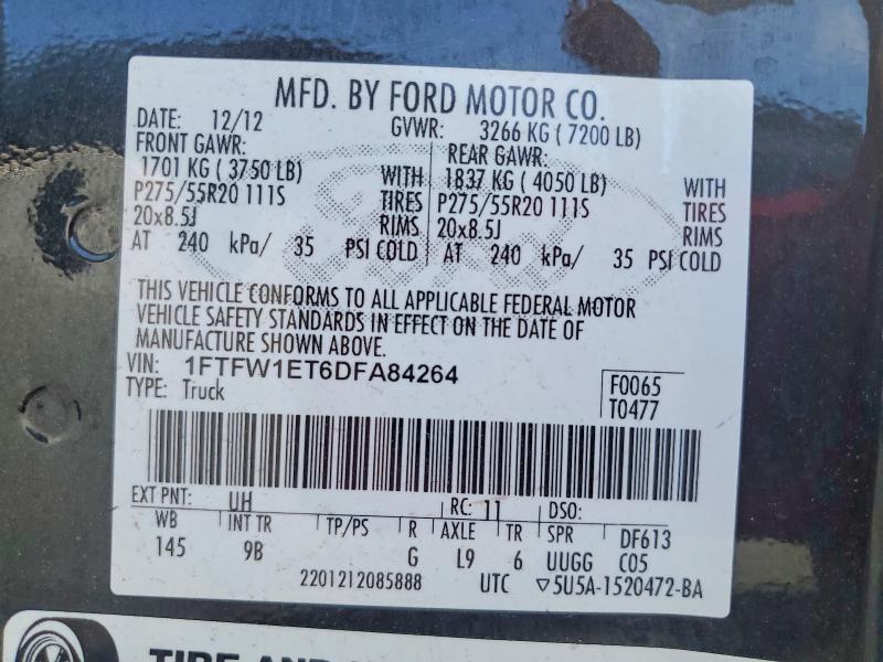 2013 Ford F150 მანქანა იყიდება აუქციონზე, vin: 1FTFW1ET6DFA84264, აუქციონის ნომერი: 60610416