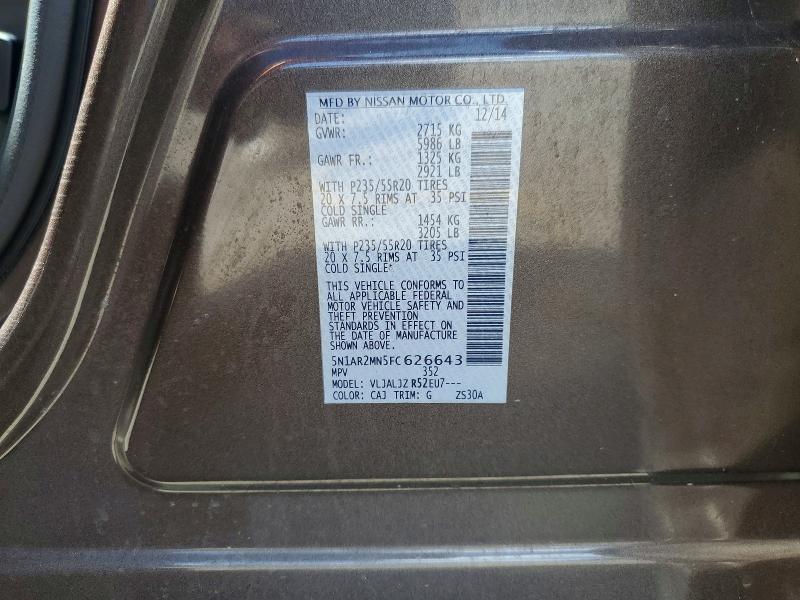 2015 Nissan Pathfinder მანქანა იყიდება აუქციონზე, vin: 5N1AR2MN5FC626643, აუქციონის ნომერი: 62051726