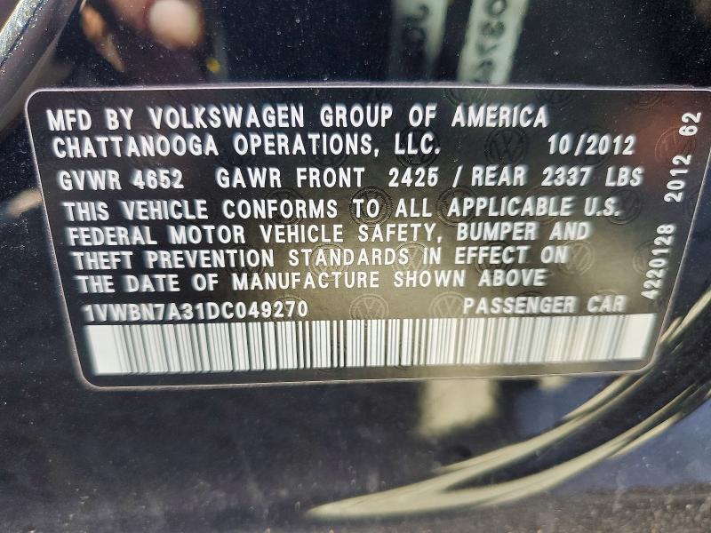 Продажа на аукционе авто 2013 Volkswagen Passat, vin: 1VWBN7A31DC049270, номер лота: 60042766
