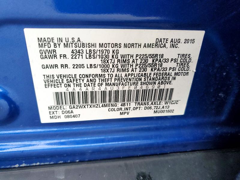 2015 Mitsubishi Outlander Sport მანქანა იყიდება აუქციონზე, vin: 4A4AR4AU3FE046901, აუქციონის ნომერი: 59308856