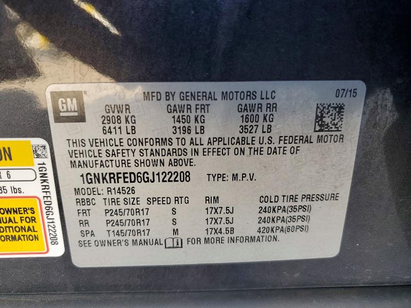 Продажа на аукционе авто 2016 Chevrolet Traverse, vin: 1GNKRFED6GJ122208, номер лота: 62132966