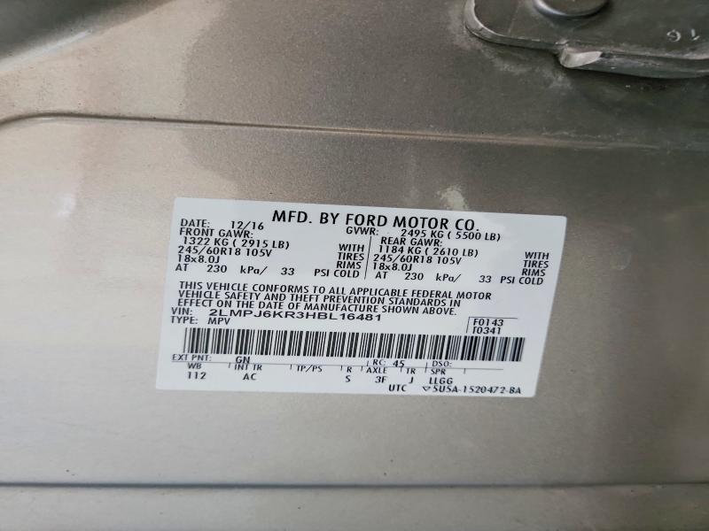 Продаж на аукціоні авто 2017 Lincoln Mkx, vin: 2LMPJ6KR3HBL16481, номер лоту: 58022906